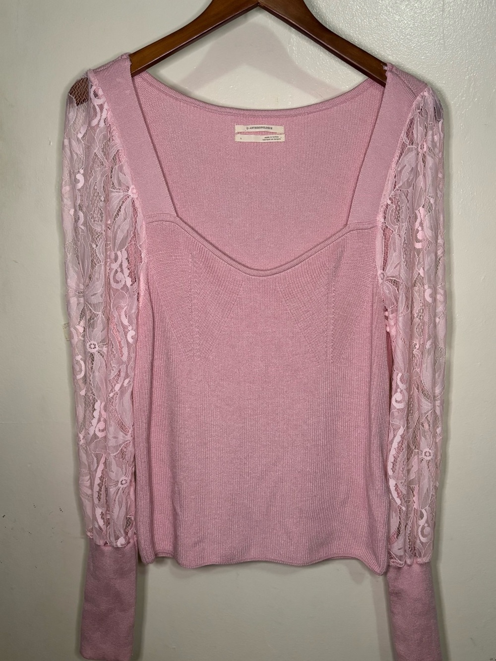 Anthropologie Gayla Pink Sweetheart Sweater Balloon Lace Sleeve Romantic L